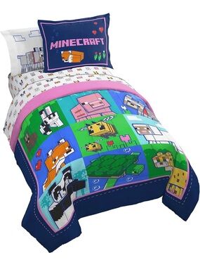 Minecraft Full Bedding Set Jay Franco Pink Blue Animals Comforter Set NEW